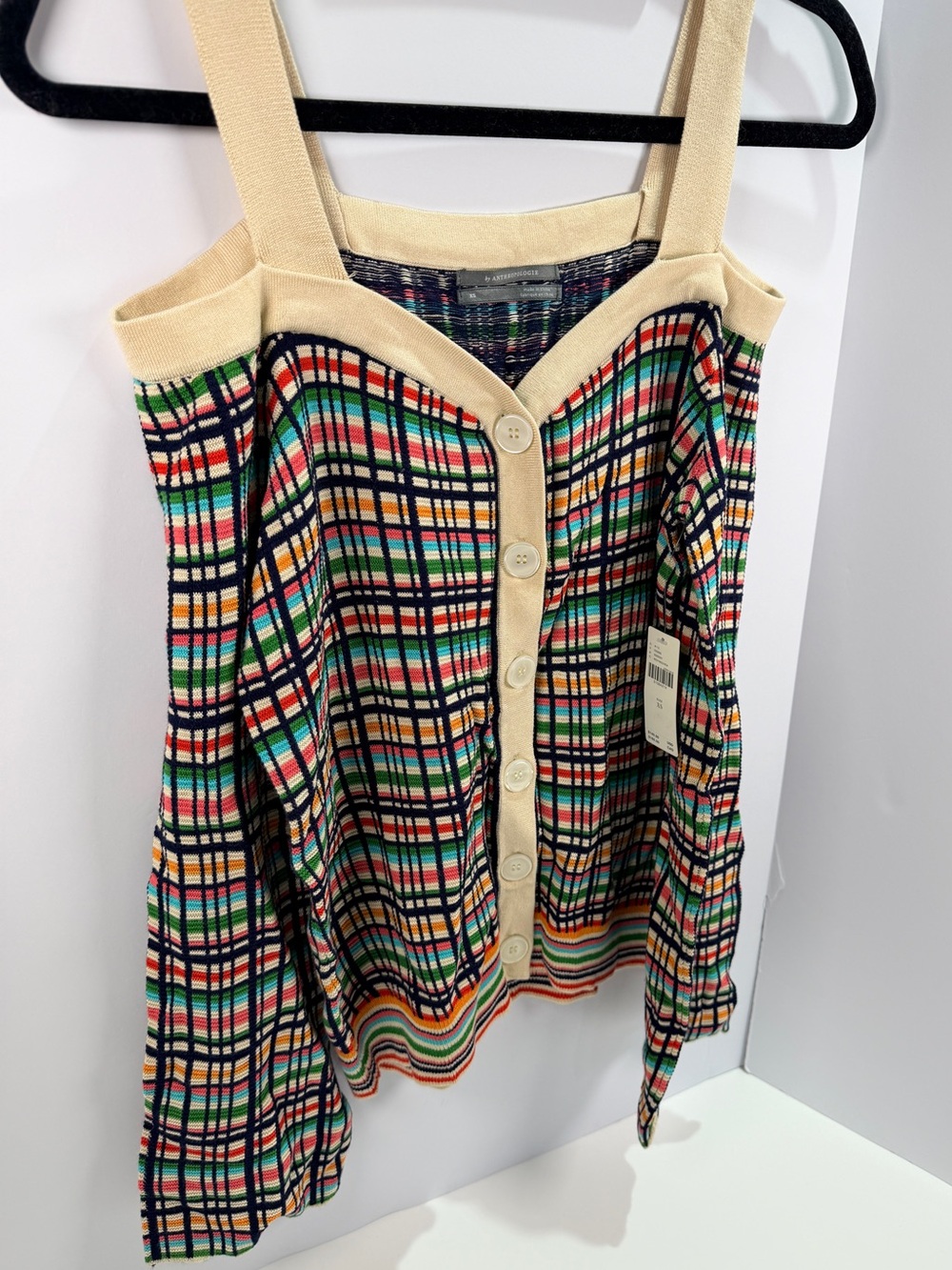 NWT Maeve Anthropologie Plaid Knit Cold Shoulder Sweater Top Multicolor XS